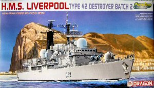 [Box art from DML 7069 HMS Liverpool sailing into Gibraltar.  Box art shows the post-2003 appearance, but the kit has parts only for the 1980s version.]