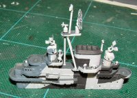 [The bridge as it would look built OOB (although I had already replaced three radars).  Note the lack of platforms on the stack, the lack of mainmast horizontal arms and bracing, other missing radars/antennae and the very plain appearance without railings.]